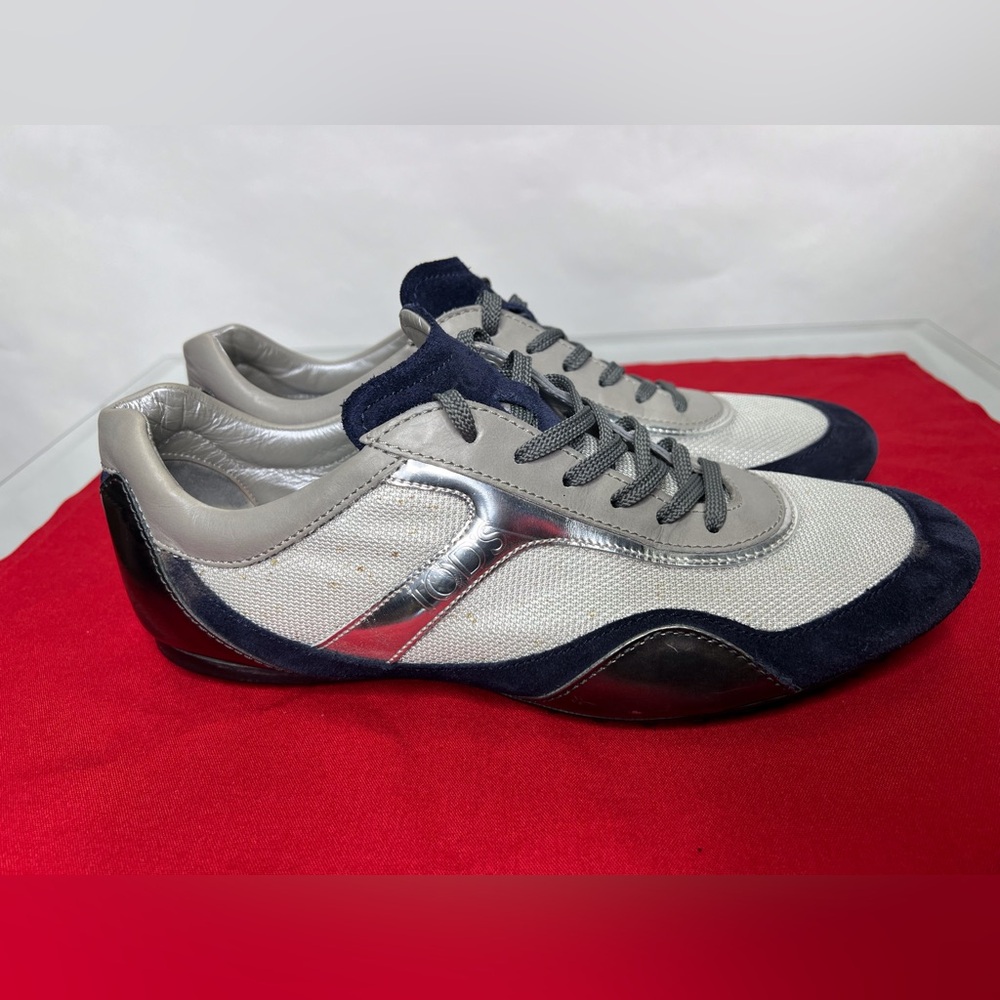 Tods blue suede silver mesh low driver shoes sneakers